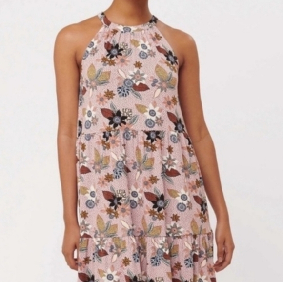 LOFT Pink Floral Sleeveless Halter Tiered Swing Dress Size 14 - Picture 2 of 11